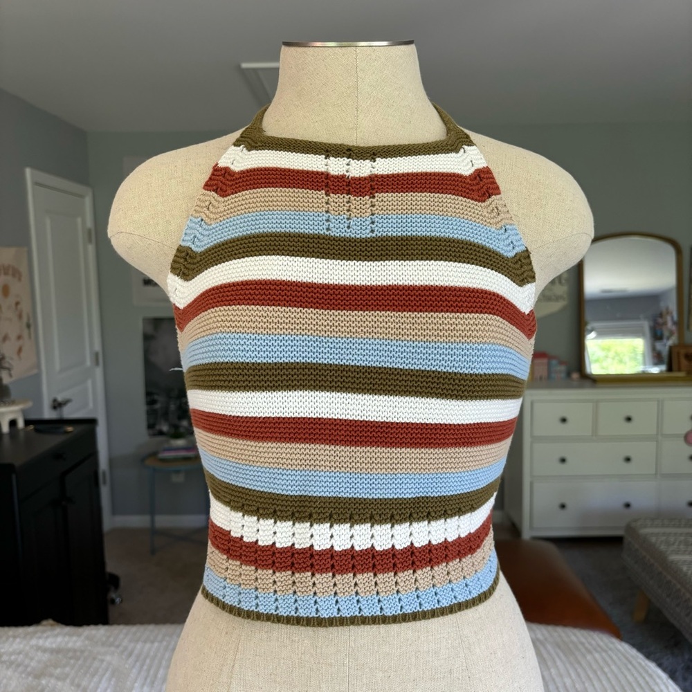 Crochet Striped High-Neck Tank Top